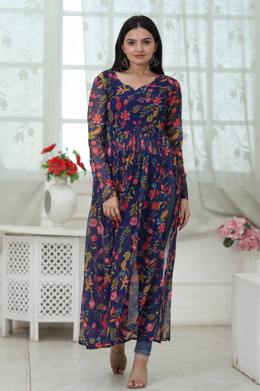 Stripes & Floral Printed & Embroidered Straight Fit Kurta - Multi – FASHOR