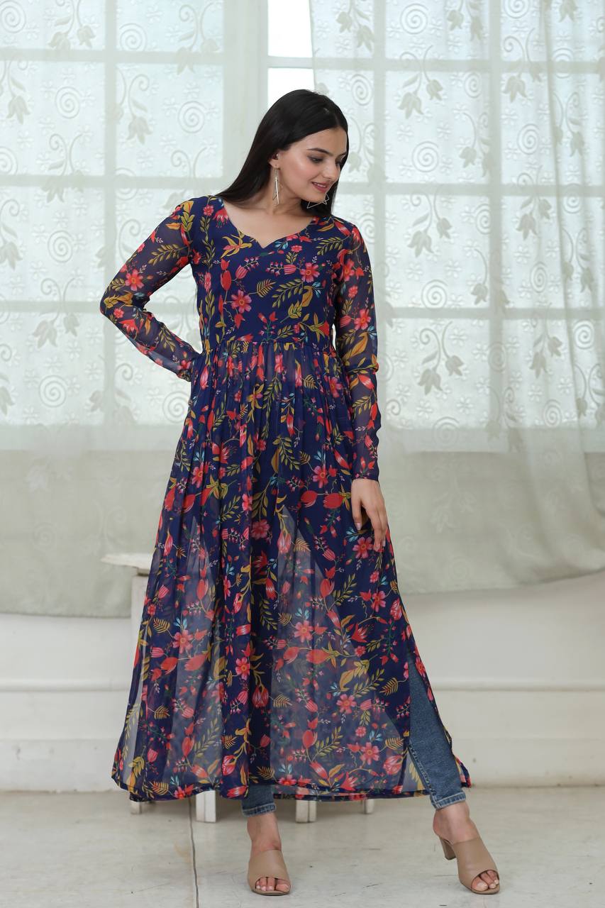 Flower Digital Print Navy Blue Color Stylish Kurti