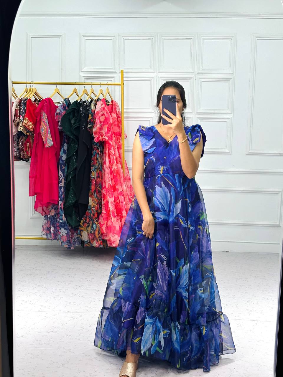 Party Wear Blue Color Organza Gown