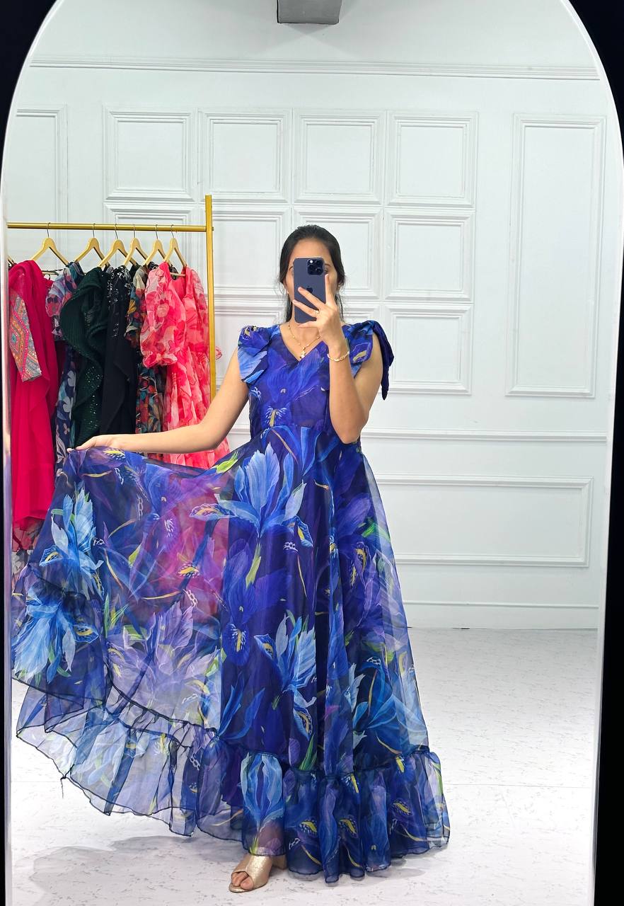 Party Wear Blue Color Organza Gown