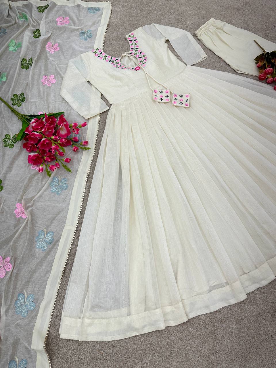 Party Wear Off White Color Thread Work Gown