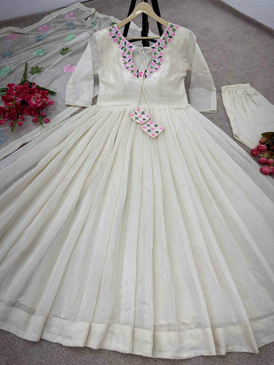 Party Wear Off White Color Thread Work Gown