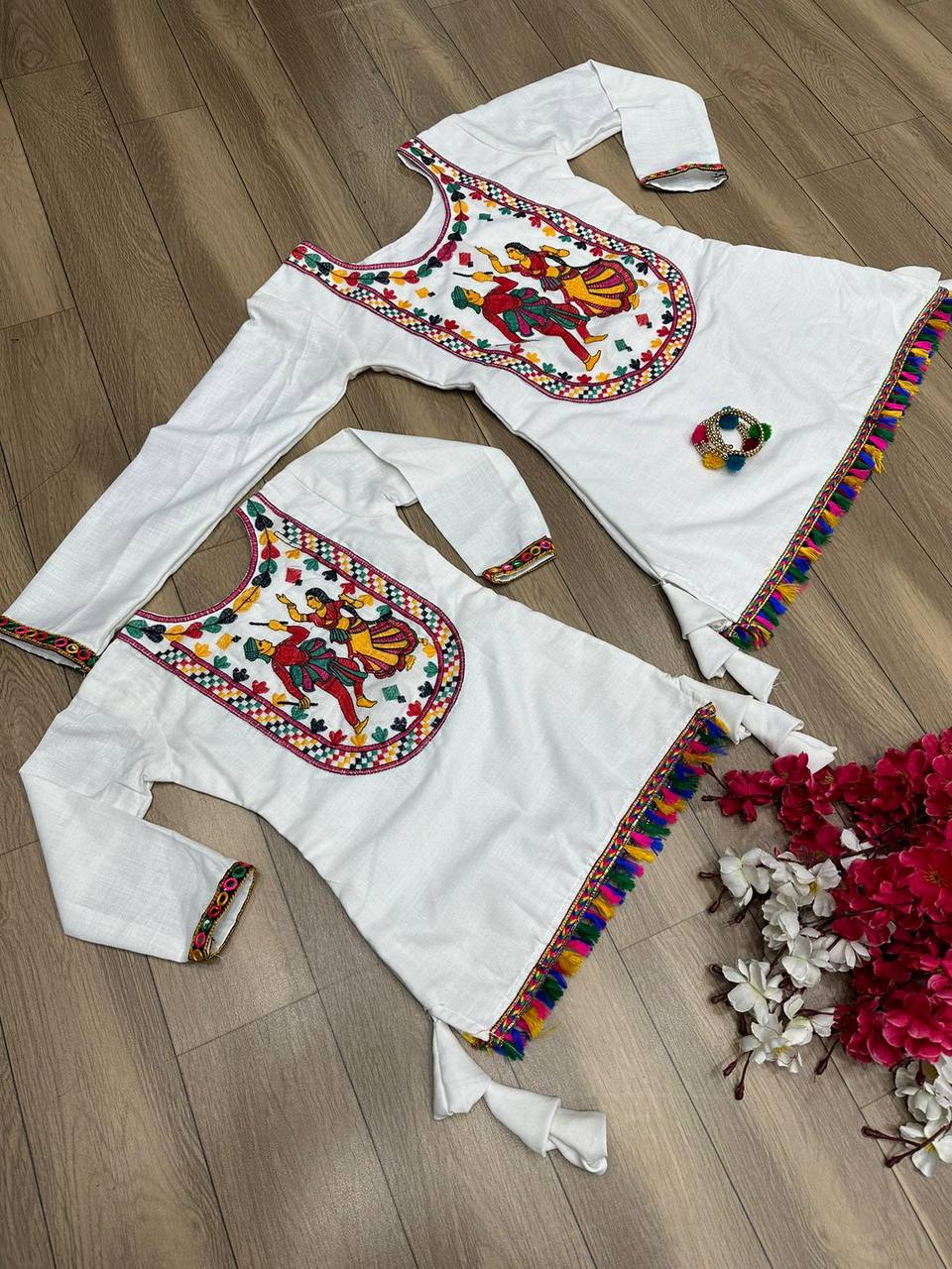 Traditional Wear White Color Mother Daughter Top