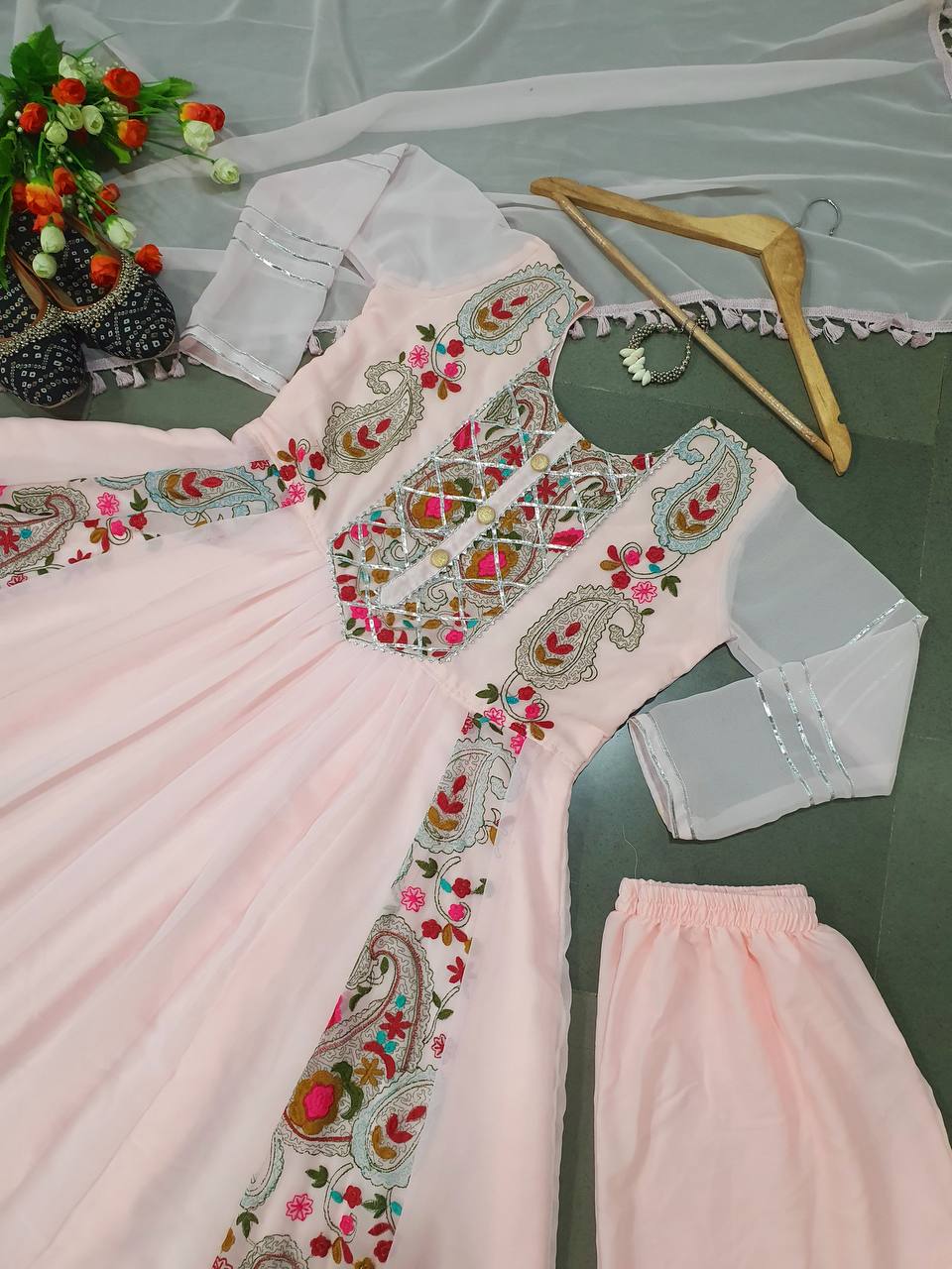 Multi Thread Work Peach Color Anarkali Gown