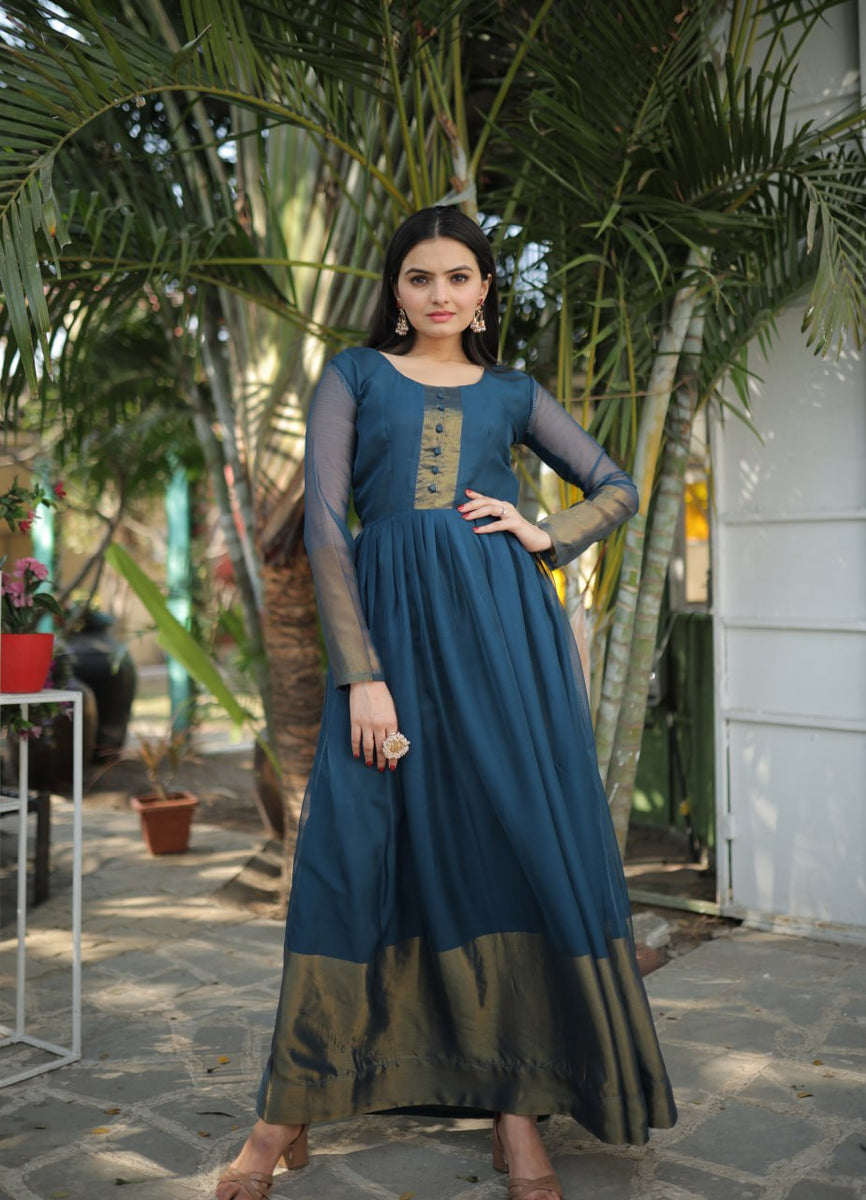 Party Wear Navy Blue Color Golden Patta Weaving Gown – Vastra Shop