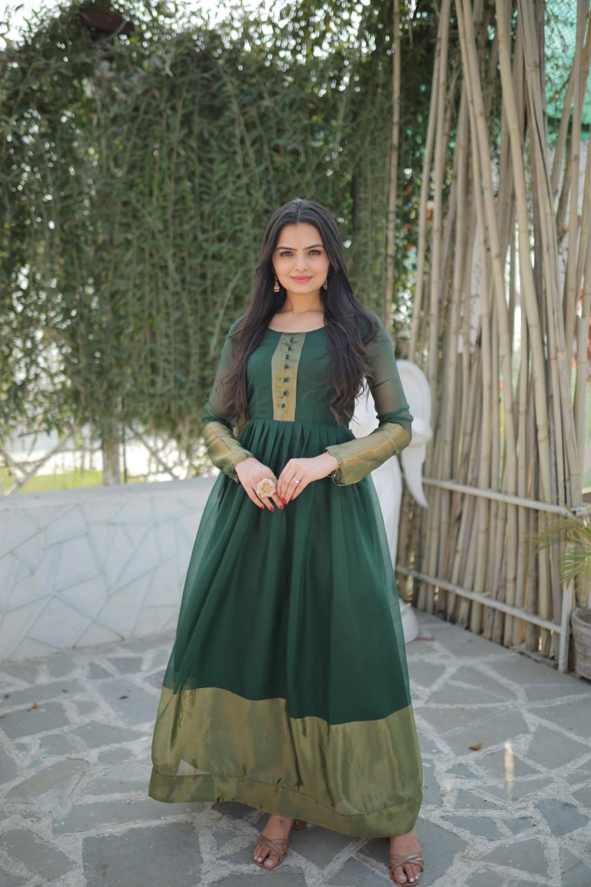 Party Wear Green Color Golden Patta Weaving Gown