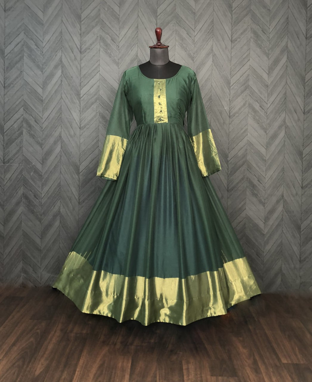 Party Wear Green Color Golden Patta Weaving Gown