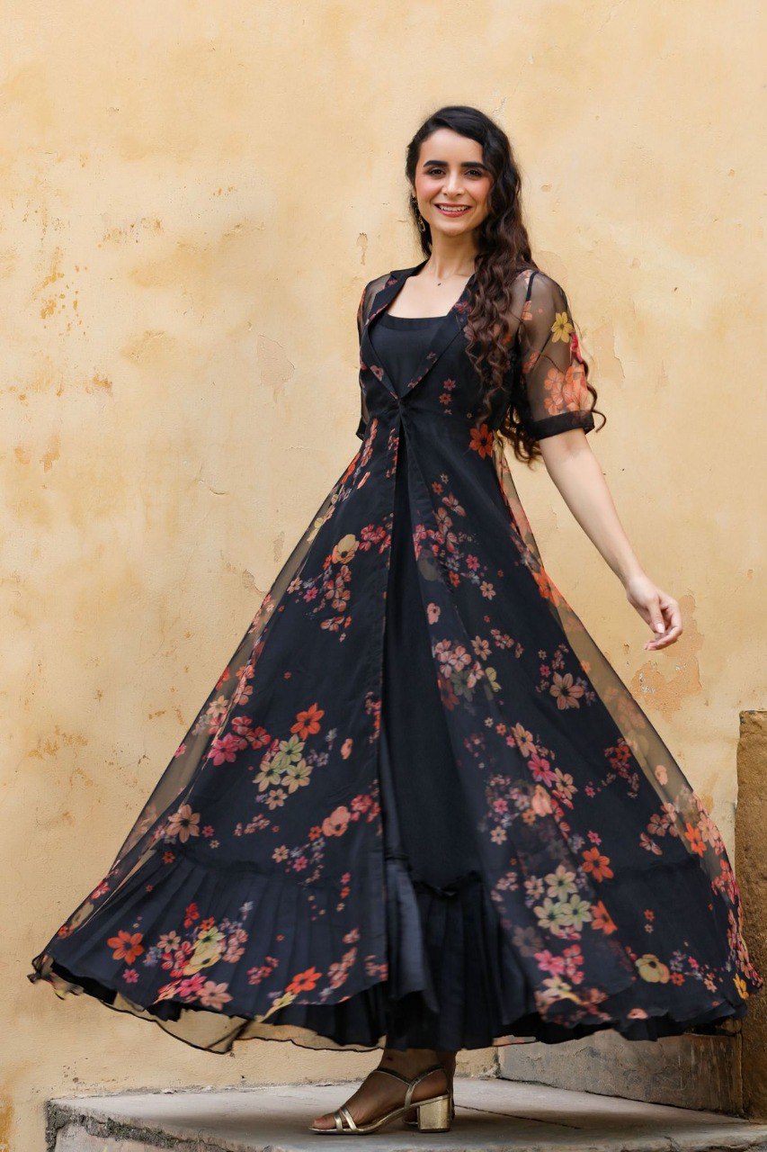 Beautiful Black Gown With Organza Print Shrug