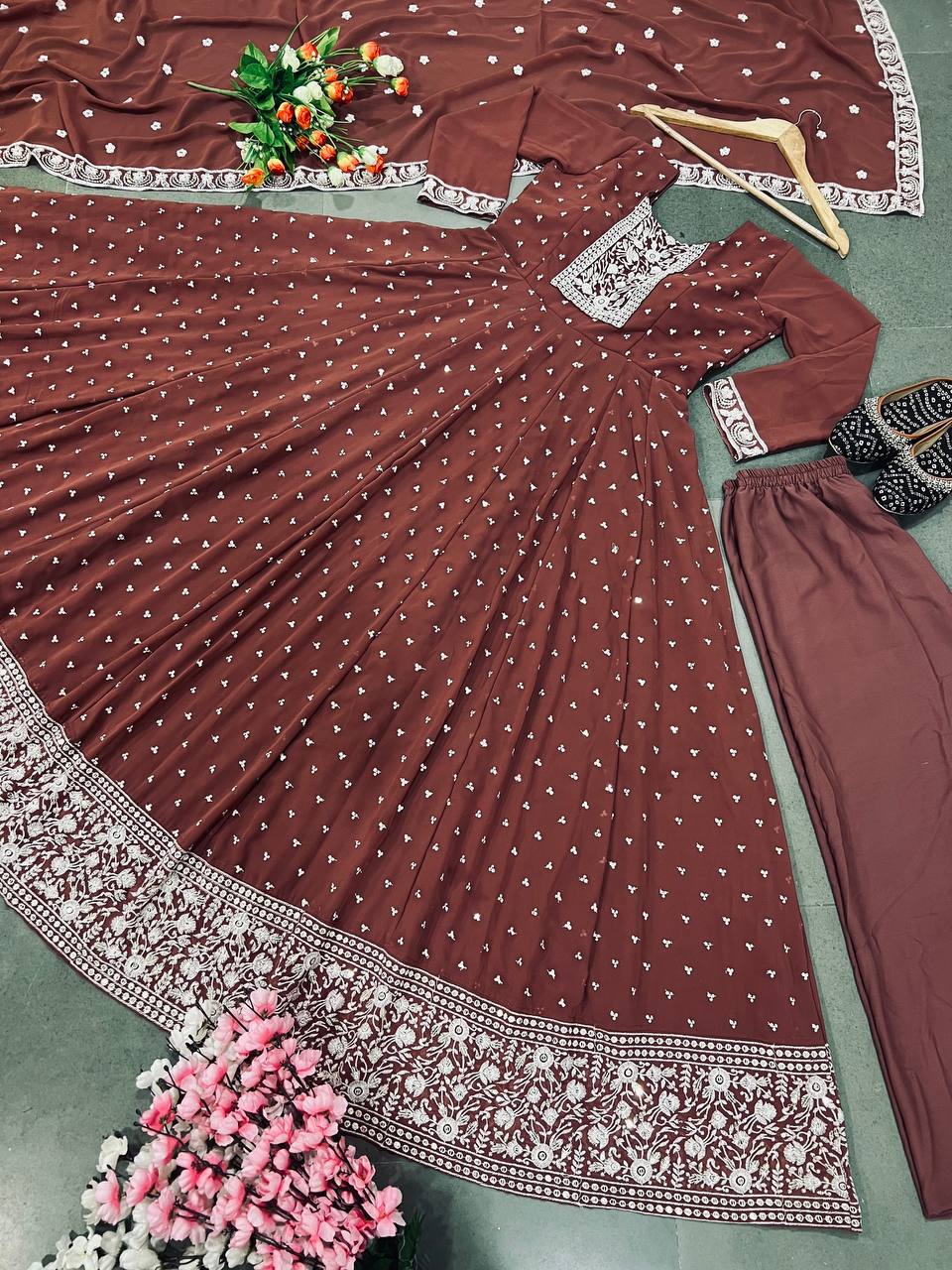 Presenting Brown Color Embroidery Work Gown