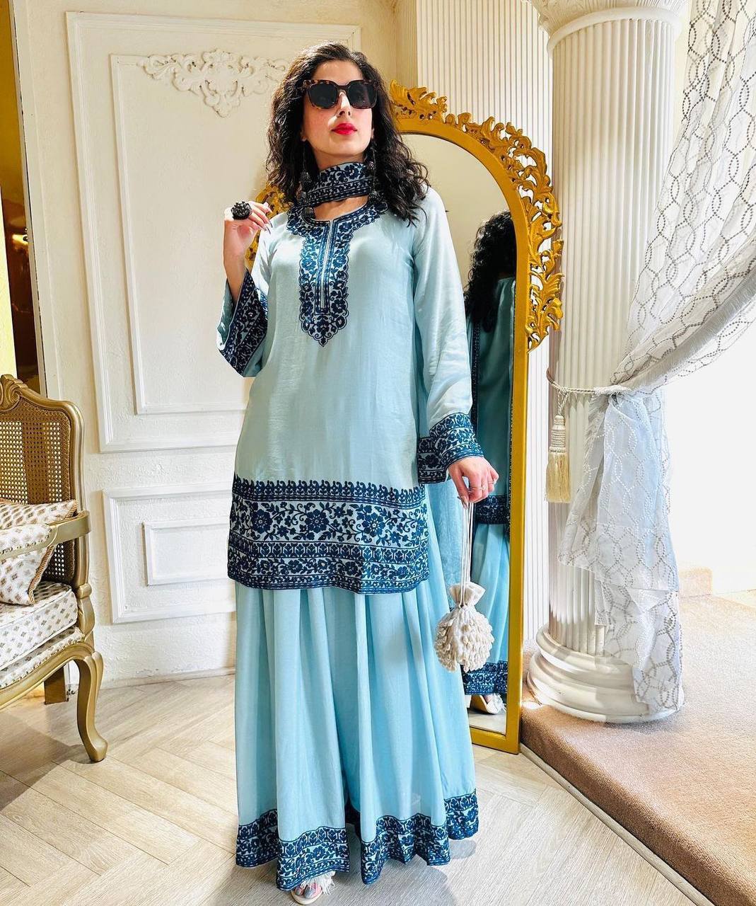 Terrific Thread Embroidery Work Sky Blue Color Palazzo Suit