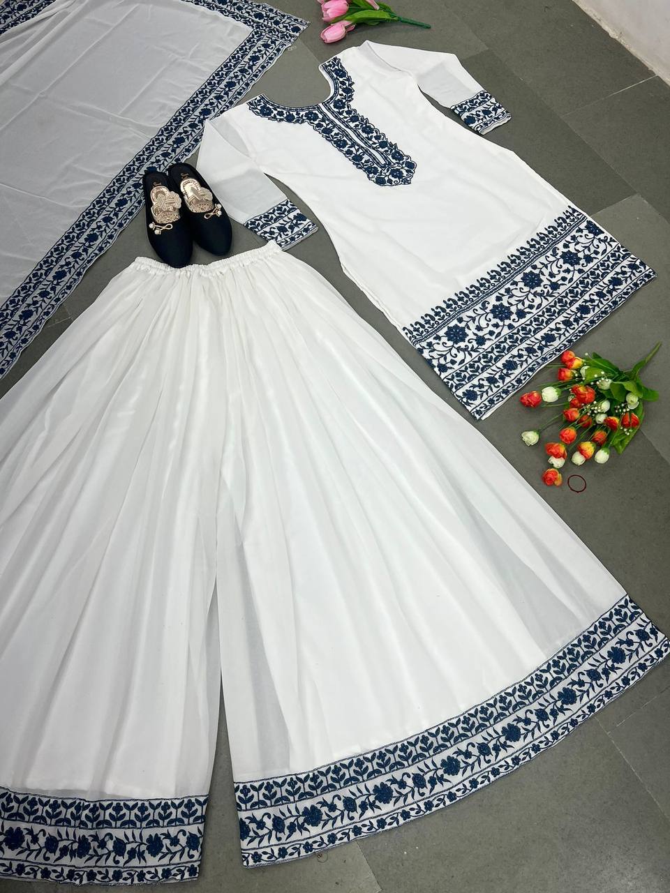 Terrific Thread Embroidery Work White Color Palazzo Suit