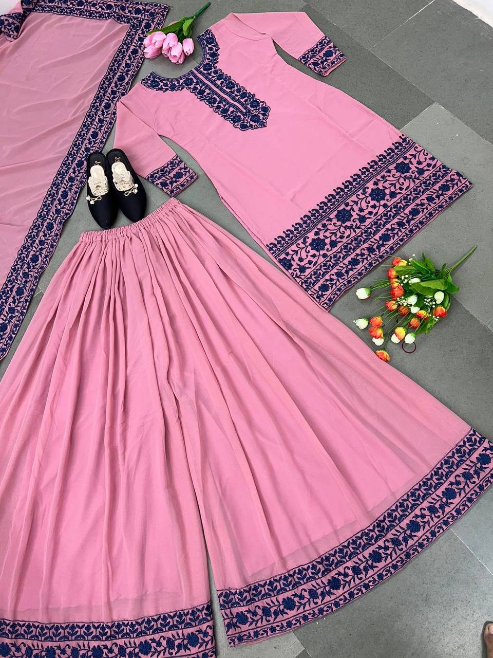 Terrific Thread Embroidery Work Light Pink Color Palazzo Suit