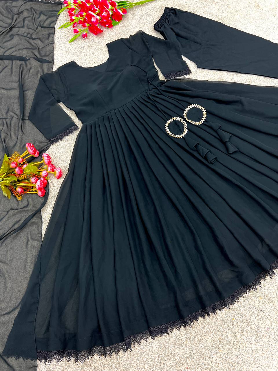Flattering Black Color Full Sleeve Anarkali Gown