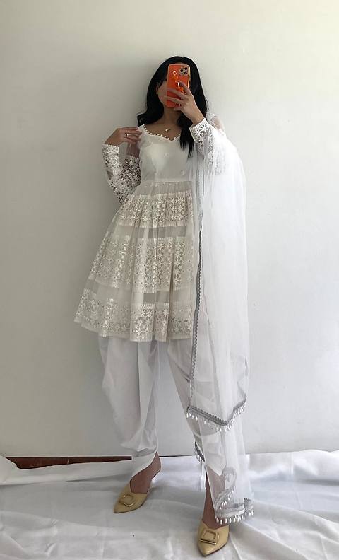 Delightful White Color Embroidery Work Dhoti Suit