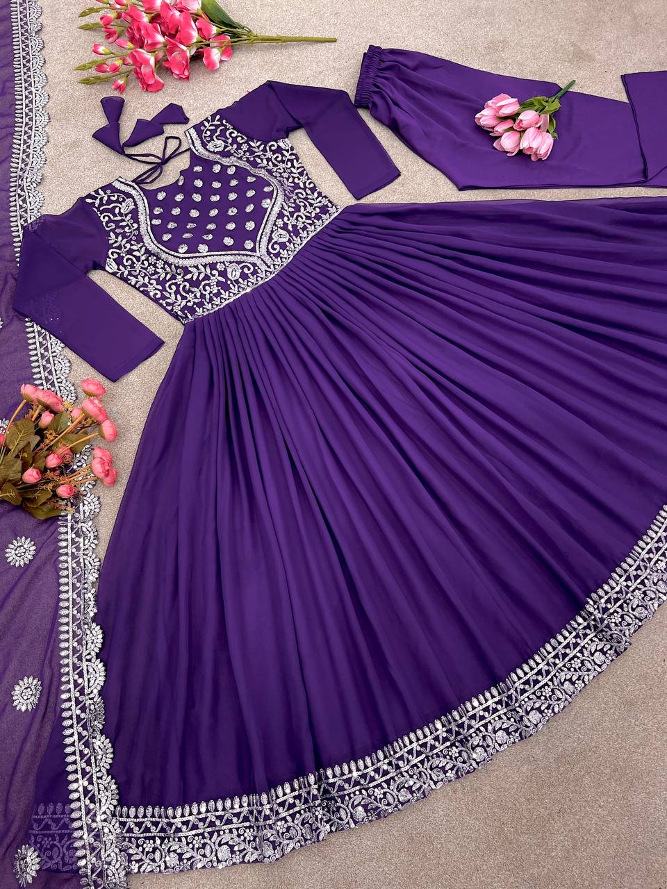 Captivating Purple Color Sequence Work Gown