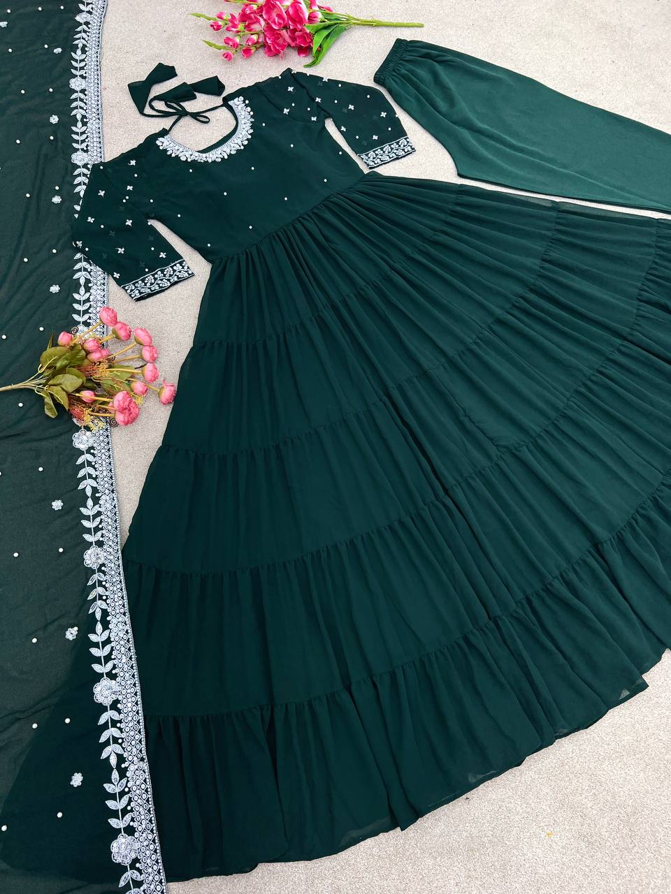Teal Green Color Embroidery Work Ruffle Style Gown