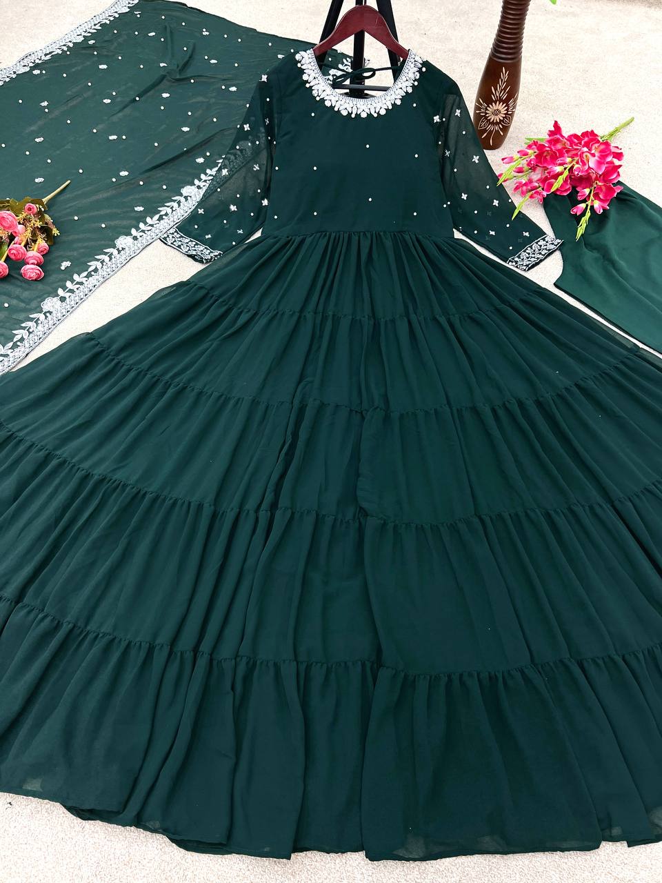Teal Green Color Embroidery Work Ruffle Style Gown