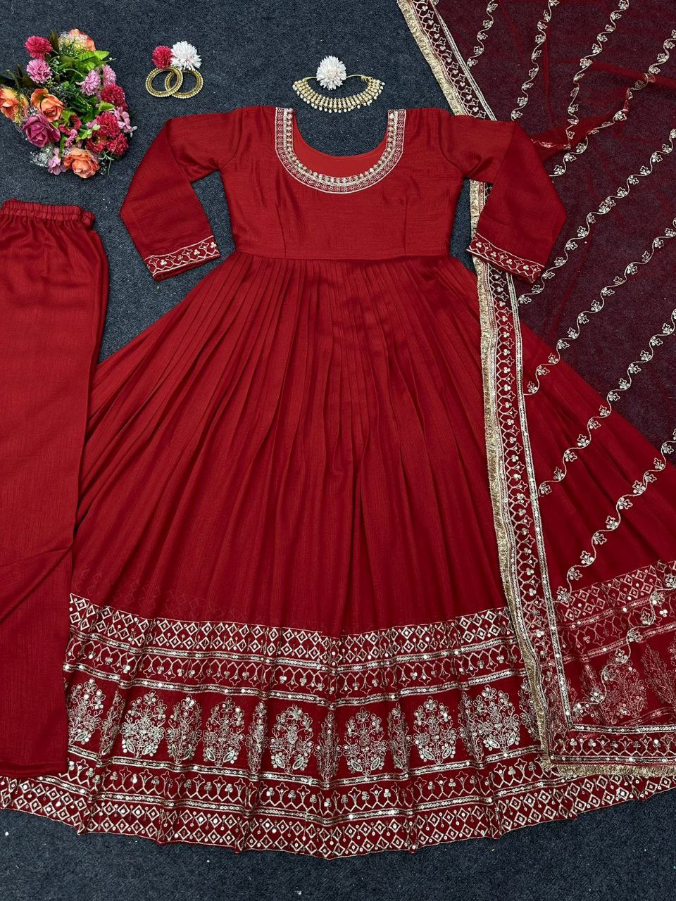Charming Work Red Color Wedding Wear Anarkali Suit