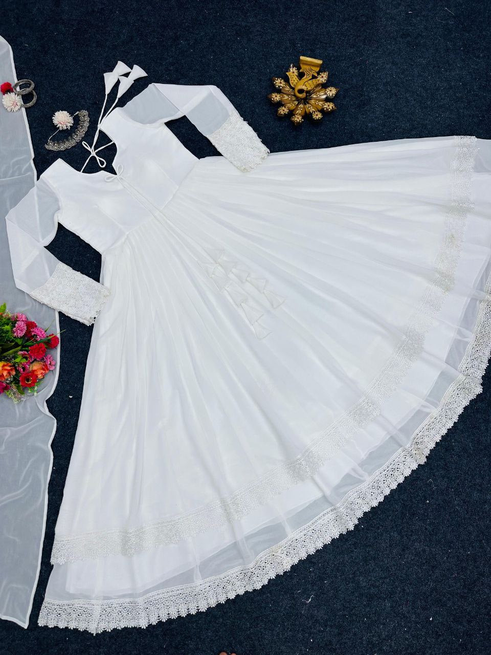 Pretty White Color Full Sleeve Double Layer Gown