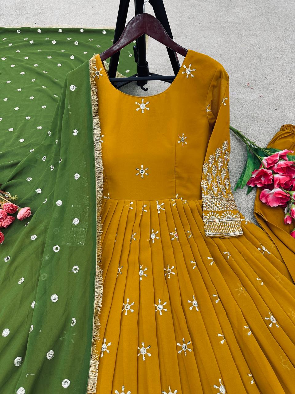Delightful Embroidery Work Mustered Color Gown With Dupatta