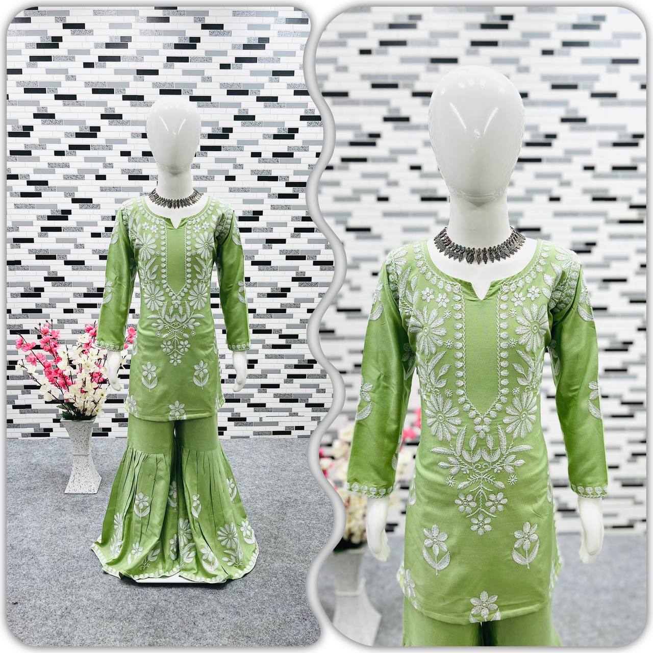 Green Color Thread Work Sharara Suit For Girls