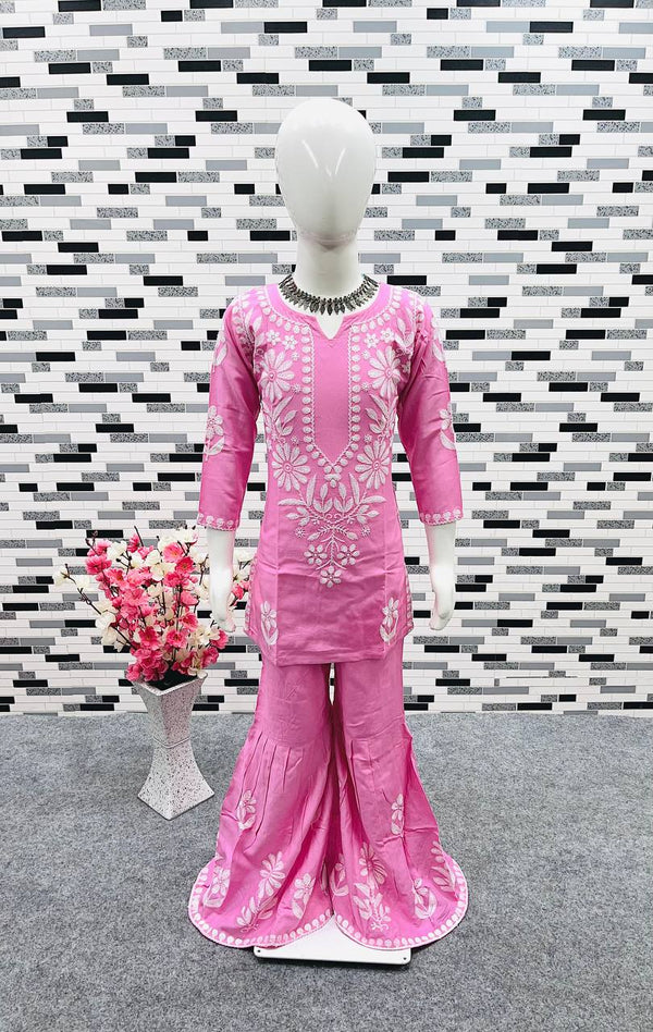 Pink Color Thread Work Sharara Suit For Girls