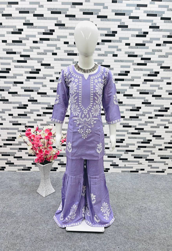 Lavender Color Thread Work Sharara Suit For Girls