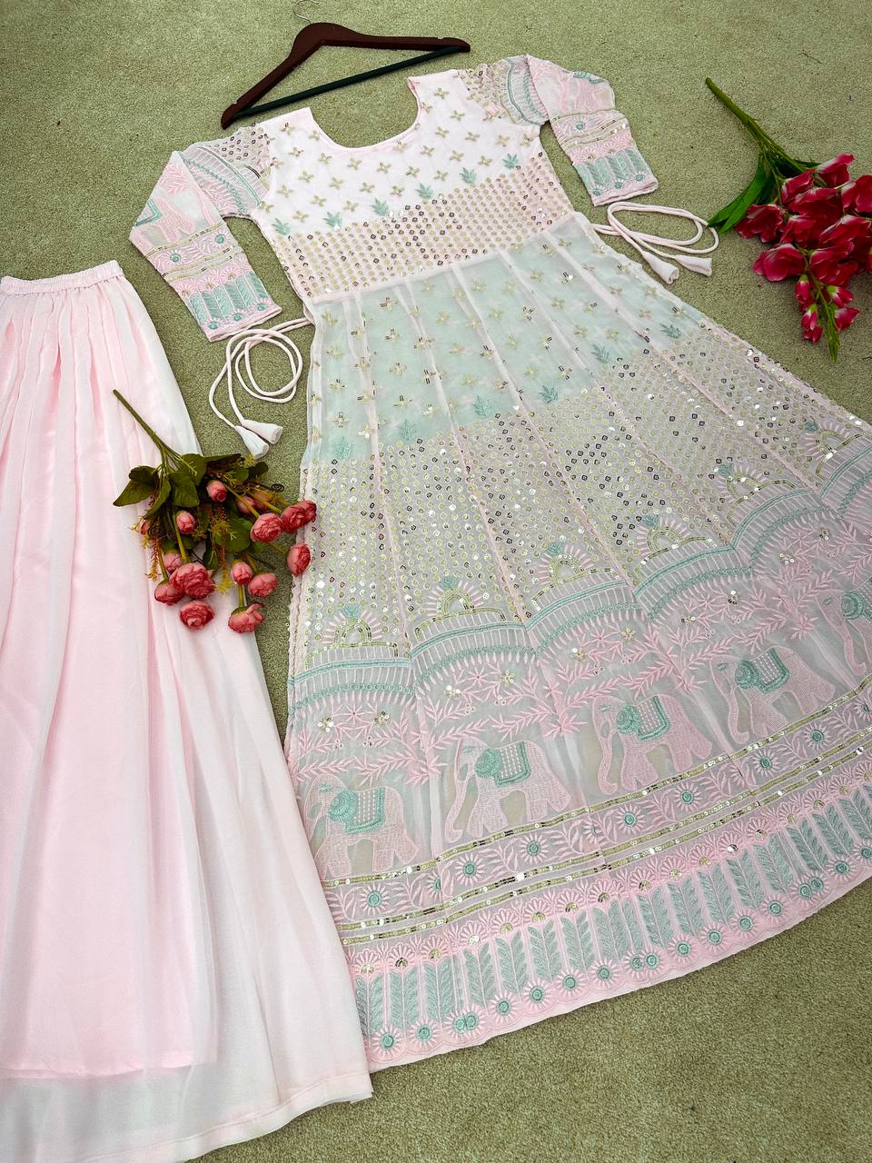 Light Pink Sequence Embroidery Work Long Suit With Palazzo