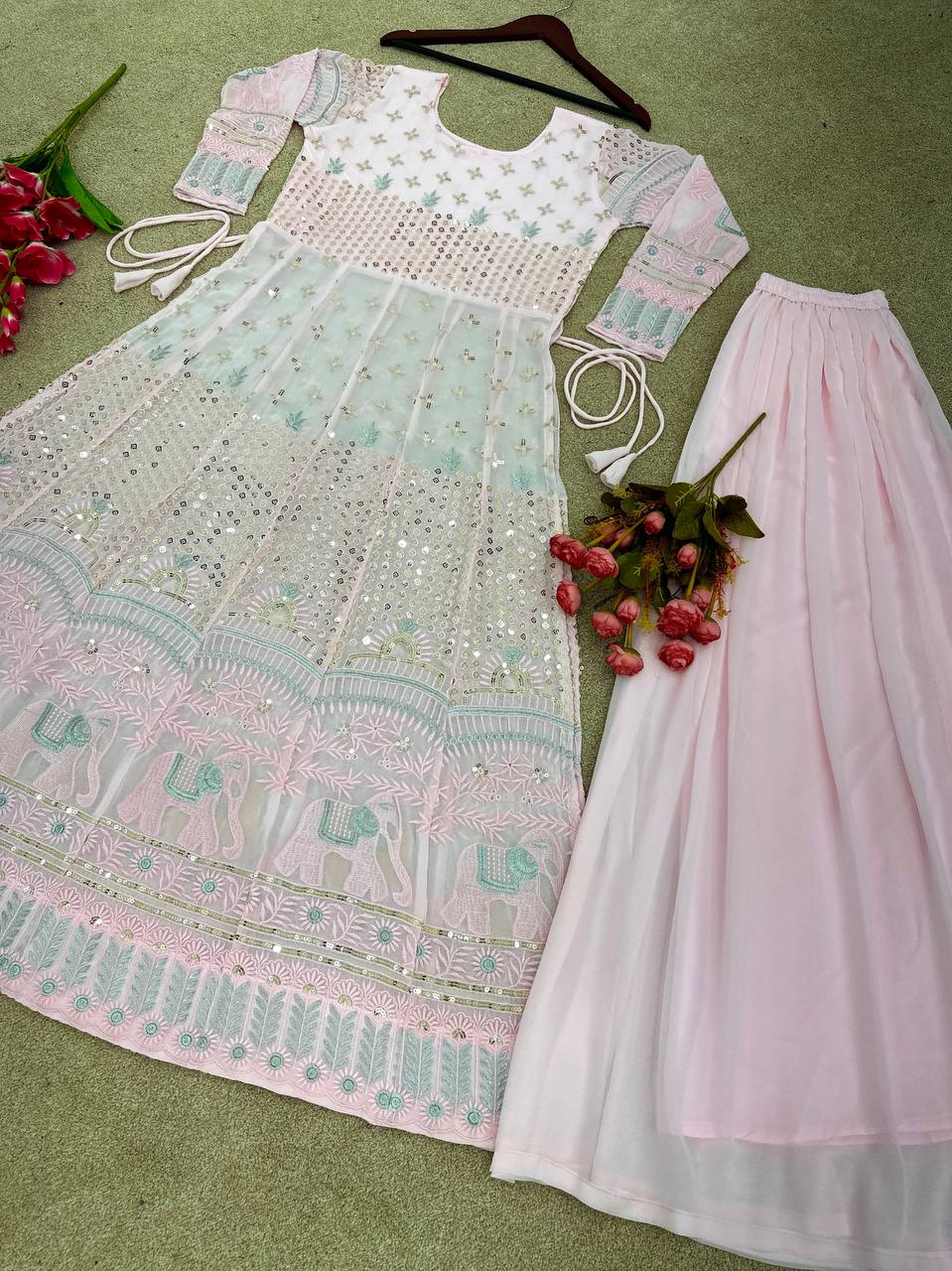 Light Pink Sequence Embroidery Work Long Suit With Palazzo