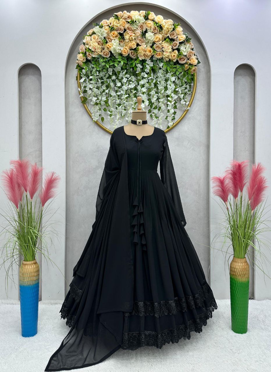 Stunning Black Color Lace Work With Tassels Gown
