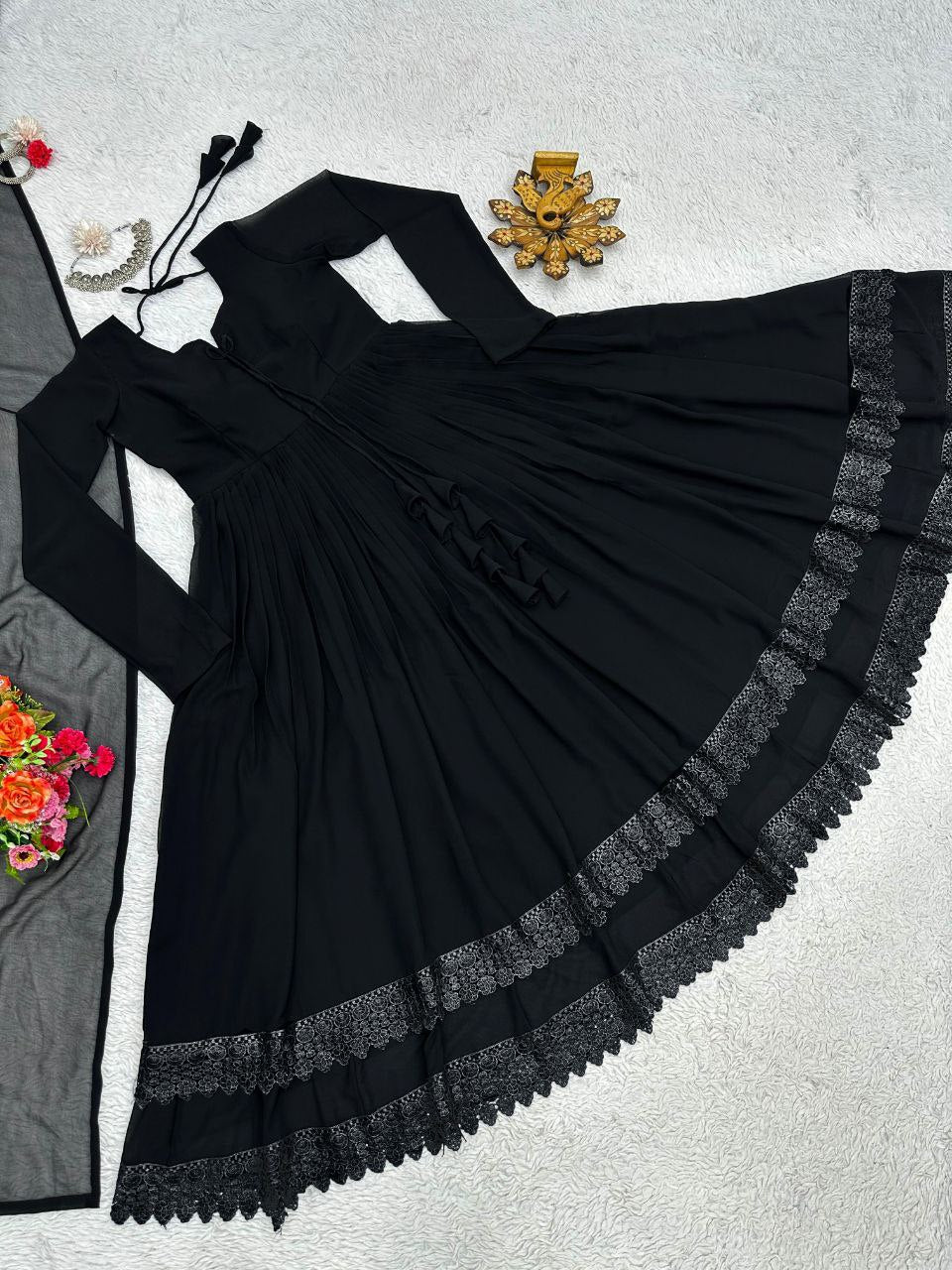 Stunning Black Color Lace Work With Tassels Gown
