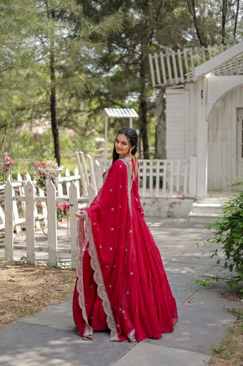 Pink Color Full Sleeves Gown With Cut Work Dupatta
