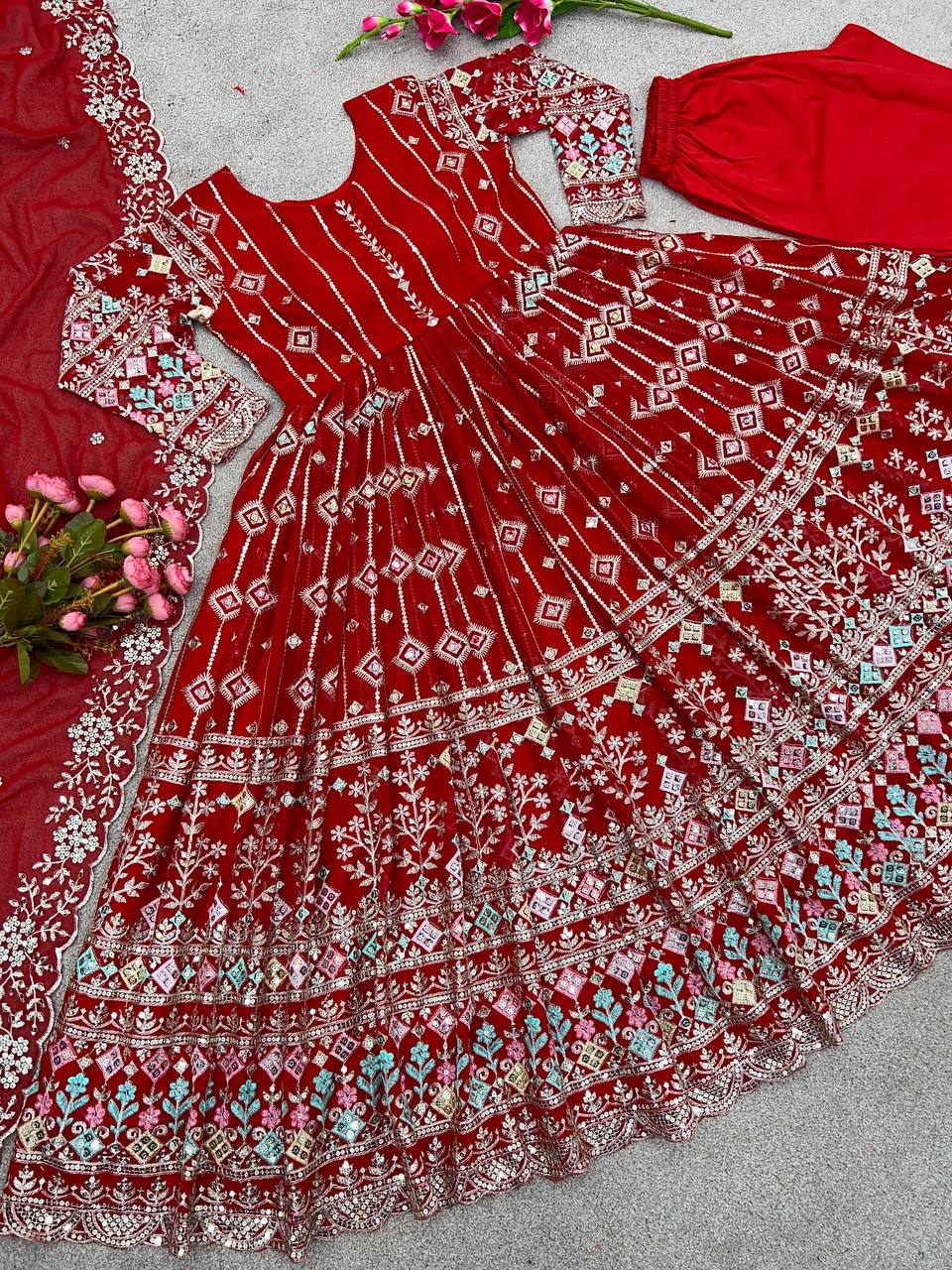 Captivating Sequence Embroidery Work Red Color Gown