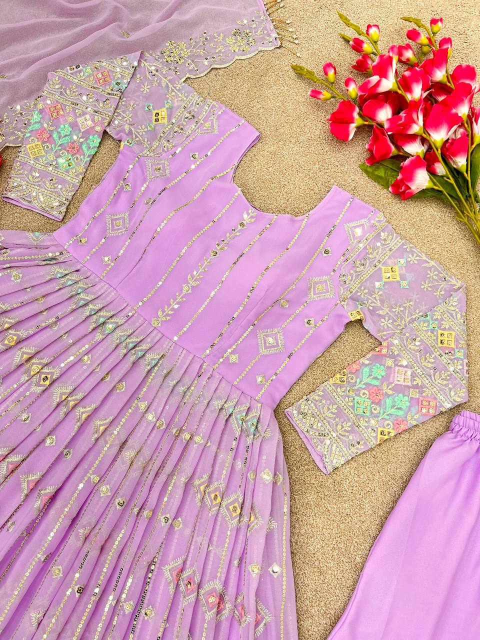 Captivating Sequence Embroidery Work Lavender Color Gown