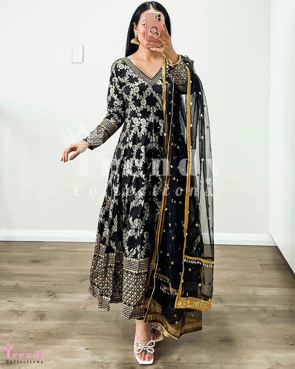 Marvelous Black Color Embroidery Work Anakral Gown