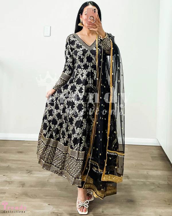 Marvelous Black Color Embroidery Work Anakral Gown