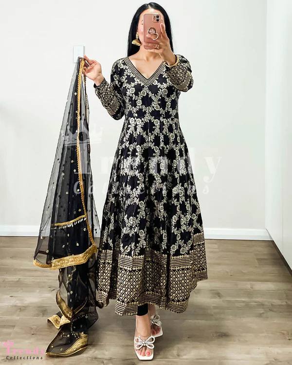 Marvelous Black Color Embroidery Work Anakral Gown