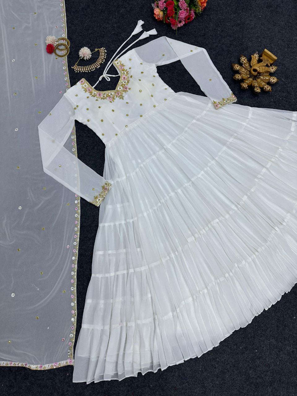 Pretty Thread Sequence Work White Raffle Anarkali Gown