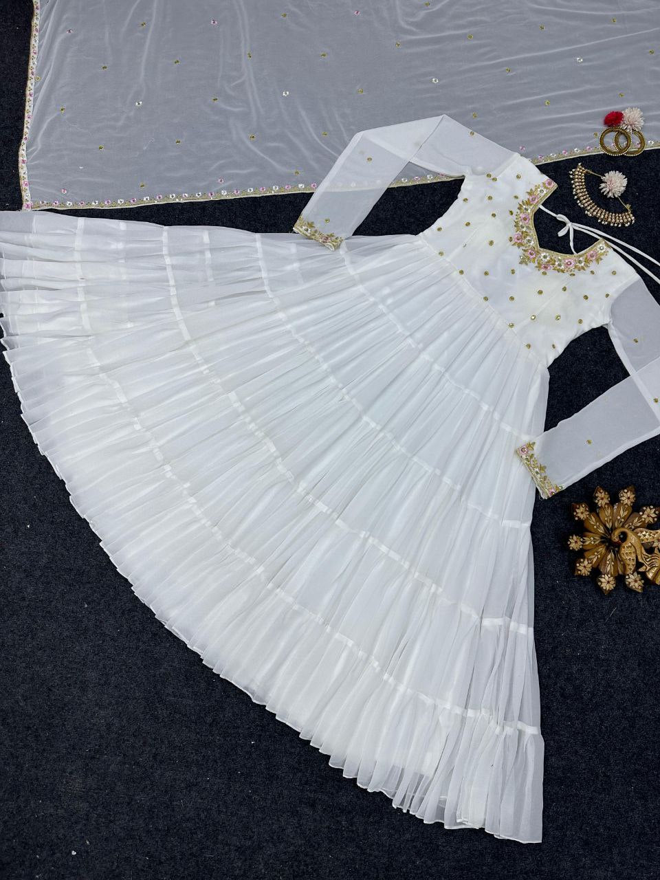 Pretty Thread Sequence Work White Raffle Anarkali Gown