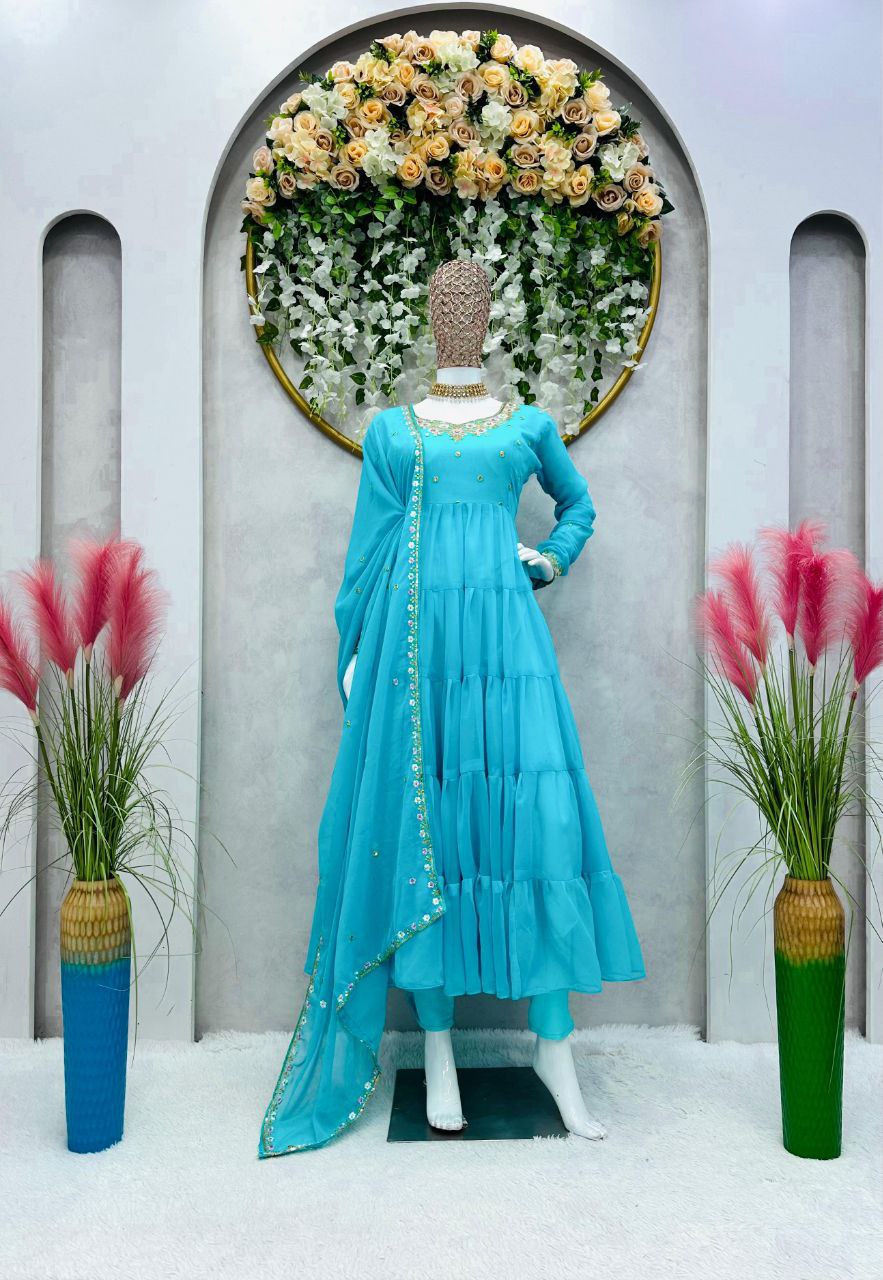 Pretty Thread Sequence Work Sky Blue Raffle Anarkali Gown