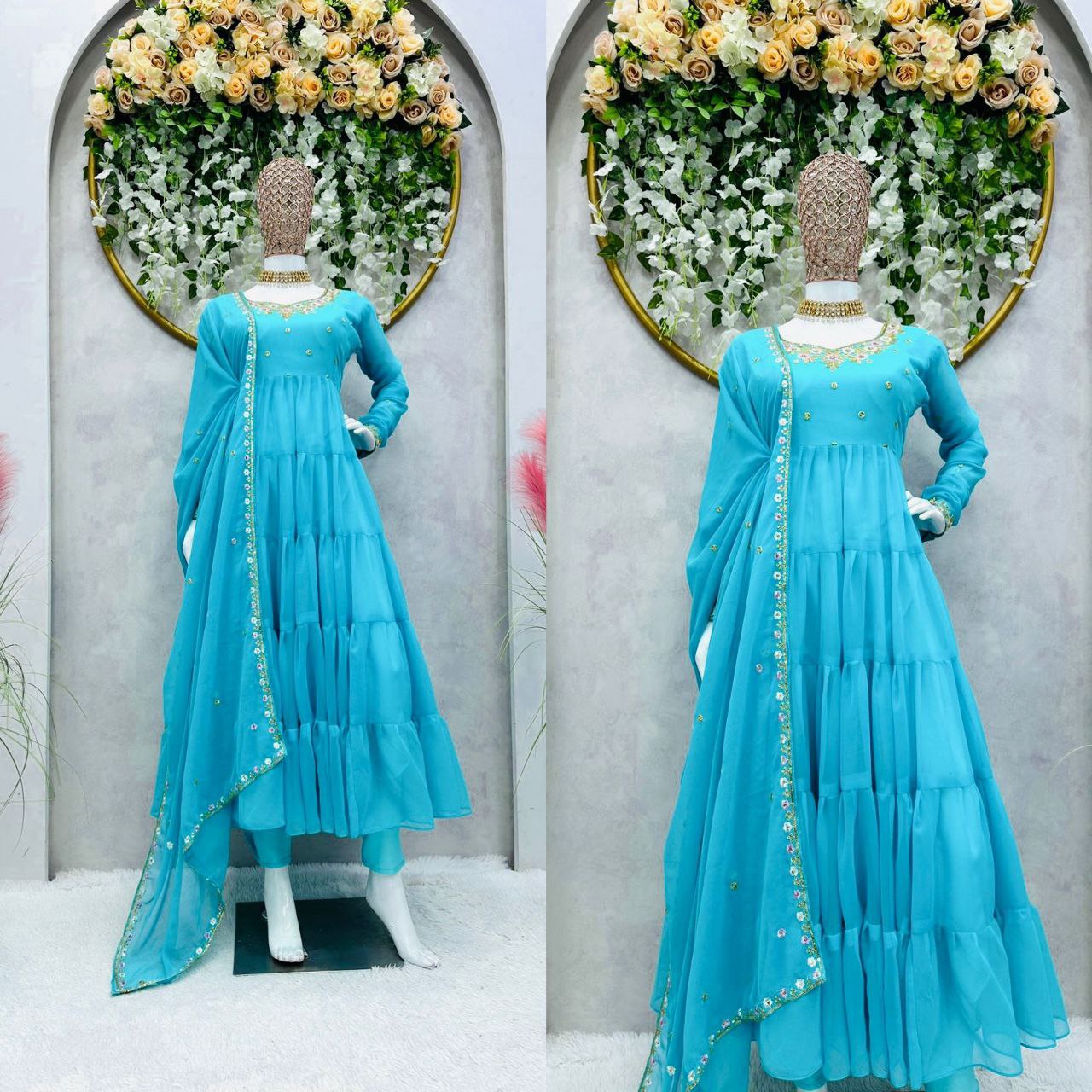 Pretty Thread Sequence Work Sky Blue Raffle Anarkali Gown