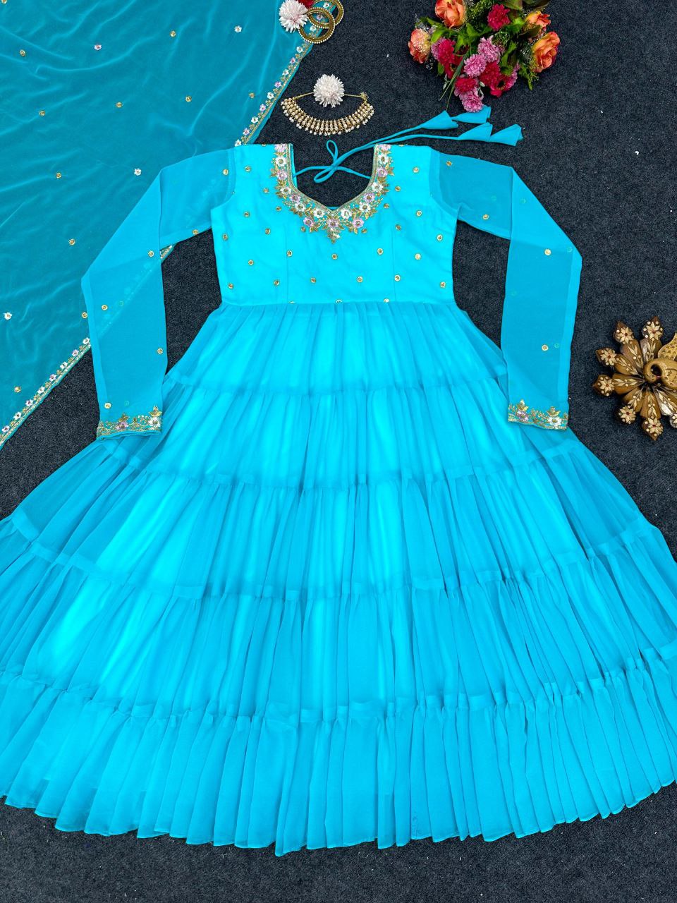 Pretty Thread Sequence Work Sky Blue Raffle Anarkali Gown