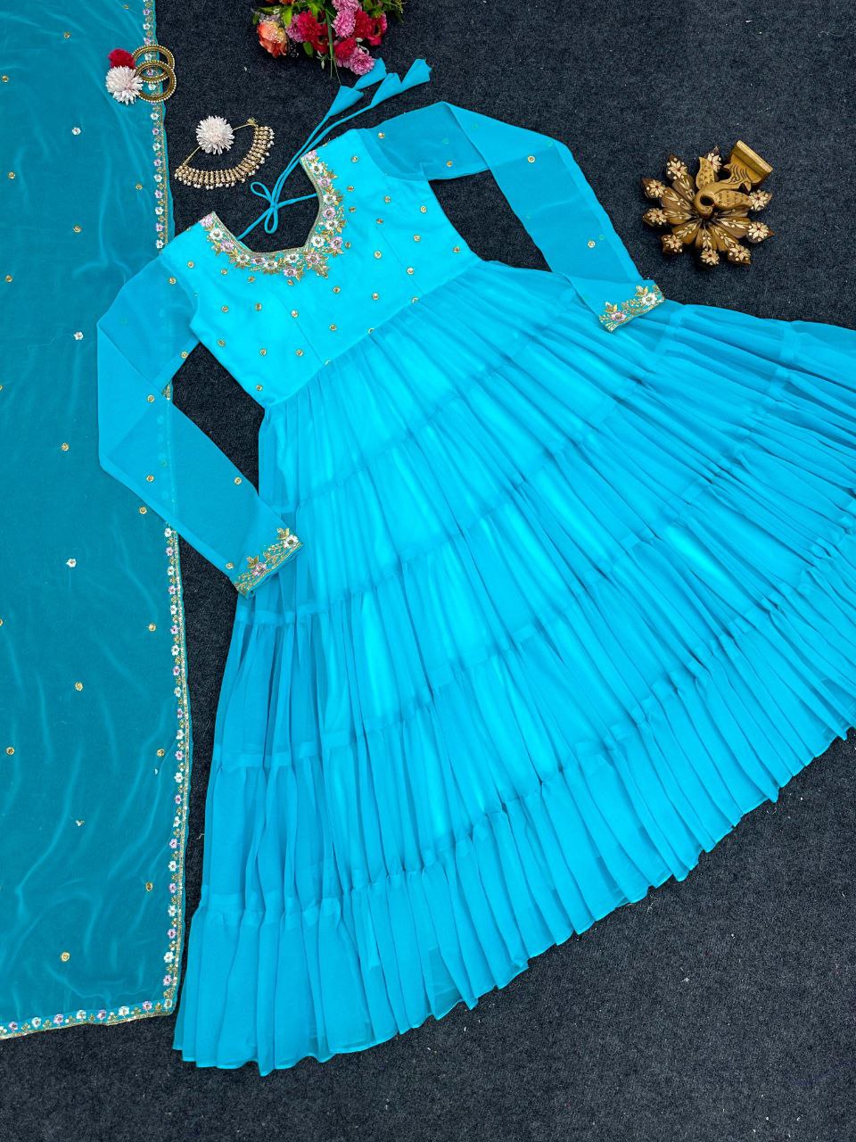 Pretty Thread Sequence Work Sky Blue Raffle Anarkali Gown