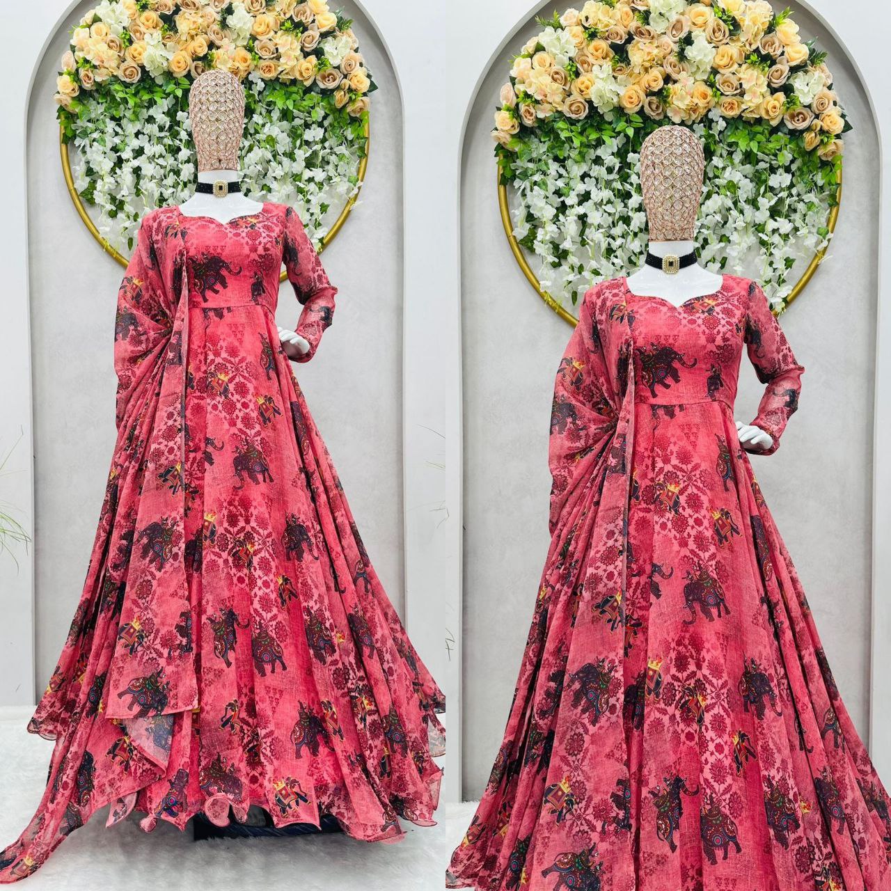 Fabulous Dark Peach Color Fully Printed Gown