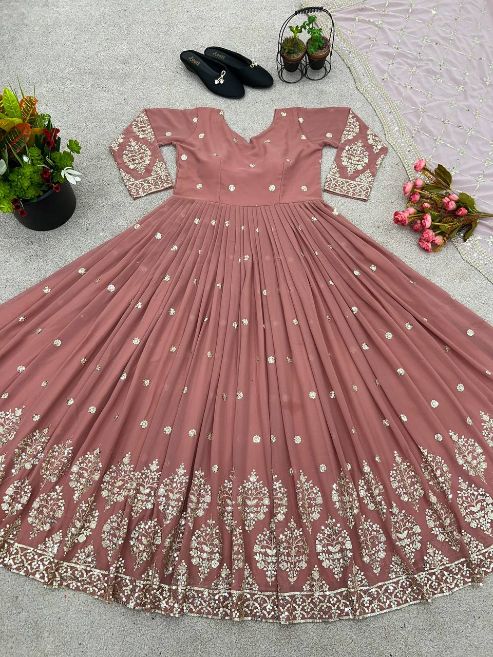 Wonderful Peach Color Embroidery Sequence Gown