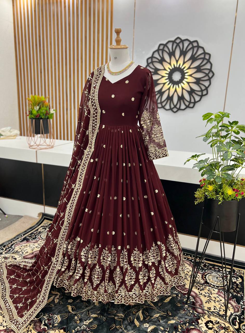 Wonderful Wine Color Embroidery Sequence Gown