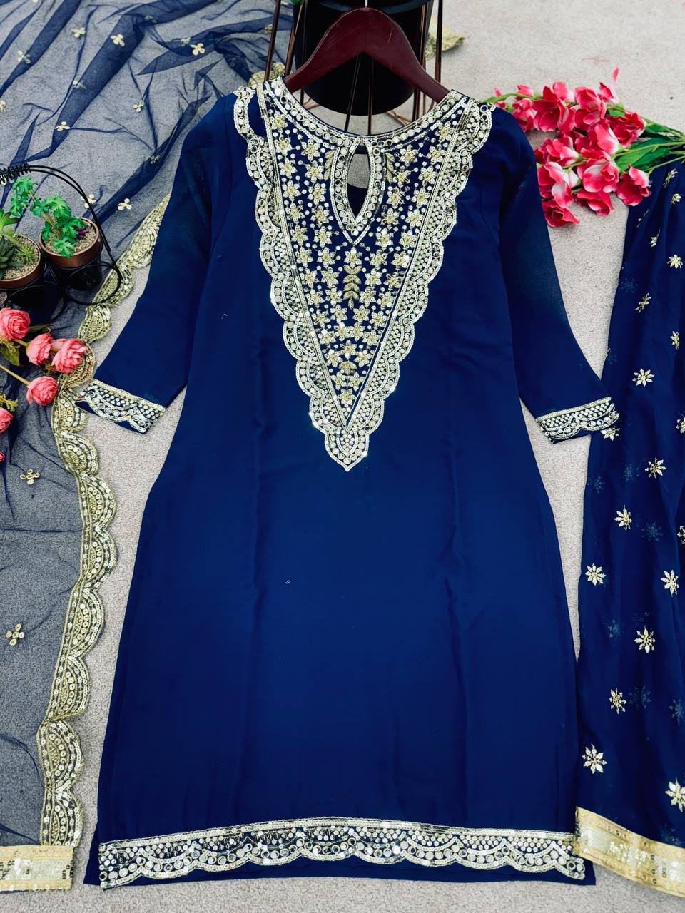 Fantastic Navy Blue Color Embroidery Work Sharara Suit