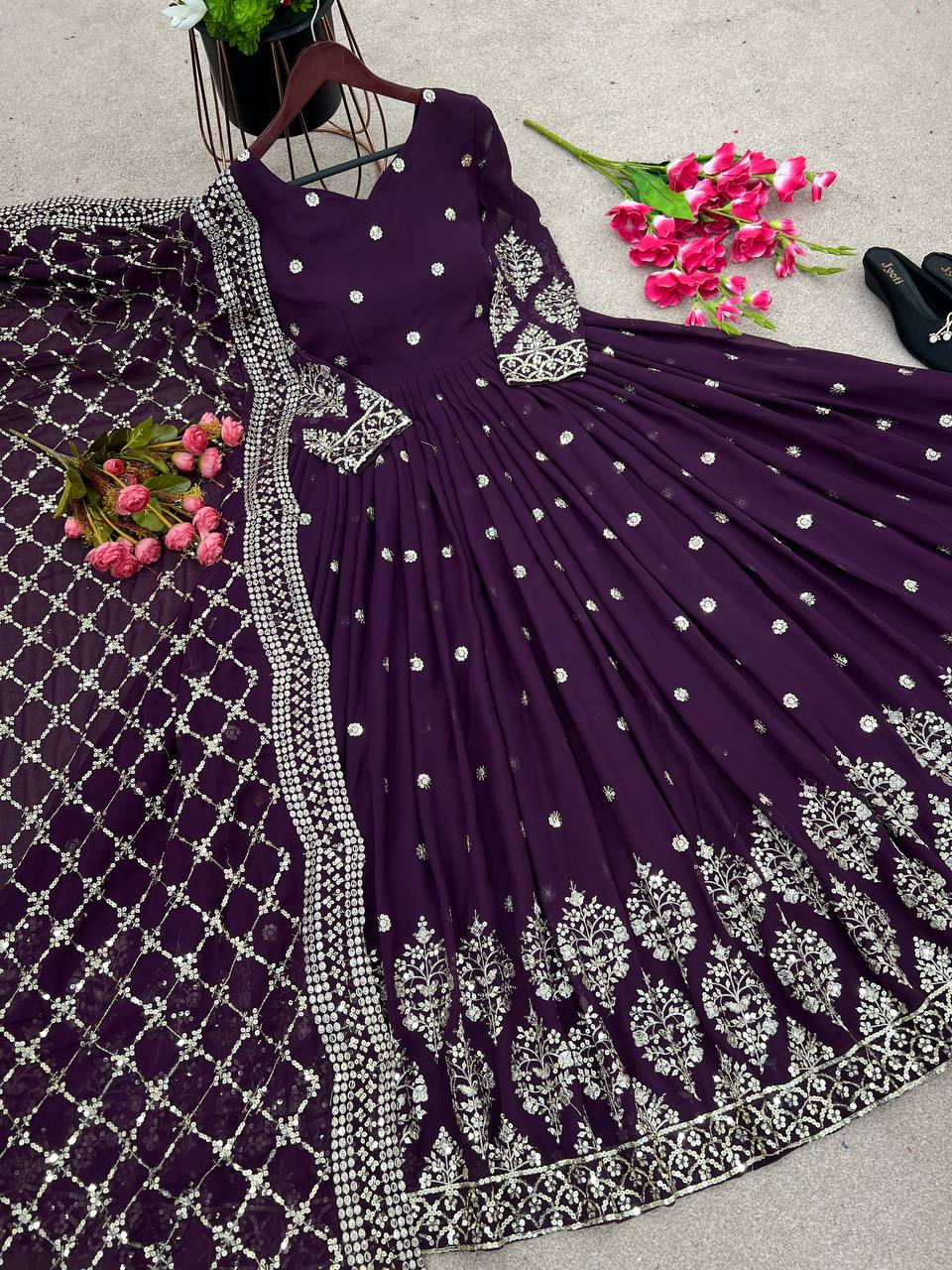 Wonderful Purple Color Embroidery Sequence Gown