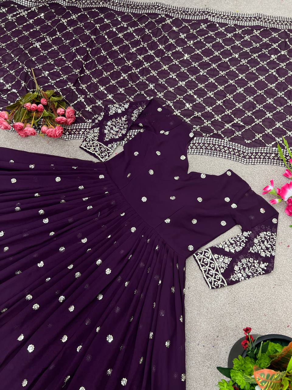 Wonderful Purple Color Embroidery Sequence Gown