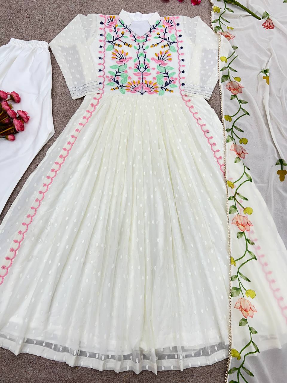 Stunning White Color Multi Thread Work Kurti Set